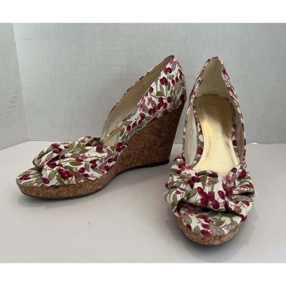 H&M Cork Wedge High Heels Canvas Cherries Peep Toe Size 8 - Picture 1 of 11